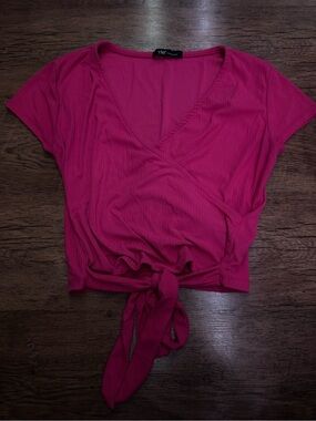 YMI Hot Pink Ribbed Tie-Front Crop Top
